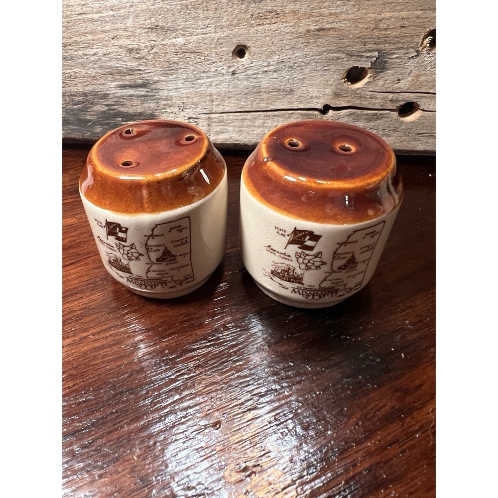Mississippi Ceramic tan brown Salt And Pepper Shakers state map cylinder Vintage